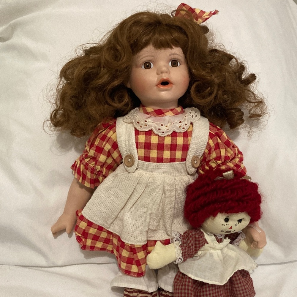 Red Haired Porcelain Doll with Mini Doll